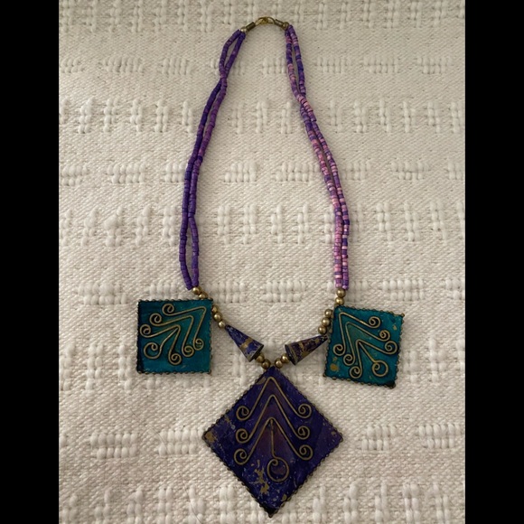 Statement necklace artisan piece purple beads - Picture 1 of 9